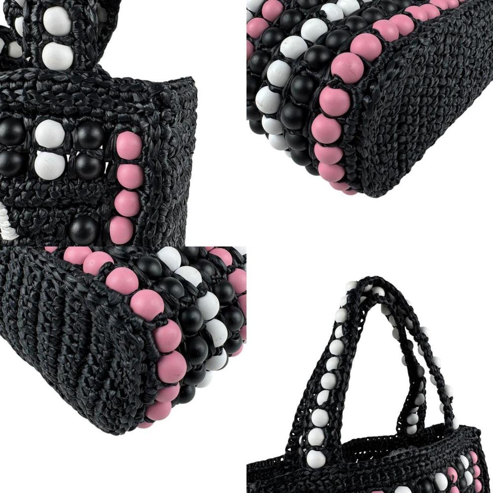 PRADA handbag tote bag raffia wood black white pink ladies z5783 - Picture 4 of 5